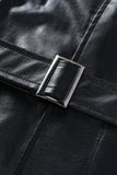 Abrigo de solapa de cuero negro con solapa con cinturón