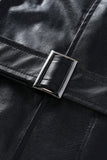 Abrigo de solapa de cuero negro con solapa con cinturón