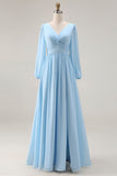 Vestido de invitado de boda azul celeste, escote en V y escote en V y abertura