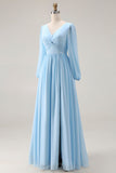 Vestido de invitado de boda azul celeste, escote en V y escote en V y abertura