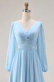 Vestido de invitado de boda azul celeste, escote en V y escote en V y abertura