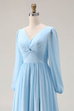 Vestido de invitado de boda azul celeste, escote en V y escote en V y abertura