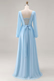 Vestido de invitado de boda azul celeste, escote en V y manga larga y rastro, con abertura