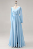 Vestido de invitado de boda azul celeste, escote en V y manga larga y rastro, con abertura
