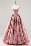 Corsé rosa Jacquard sin tirantes Princess Floral Long Long Ball Dress con encaje en la espalda