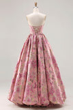Corsé rosa Jacquard sin tirantes Princess Floral Long Long Ball Dress con encaje en la espalda