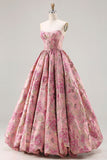Corsé rosa Jacquard sin tirantes Princess Floral Long Long Ball Dress con encaje en la espalda