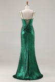 Vestido largo de baile de sirena de corsé verde oscuro con cuentas y corte