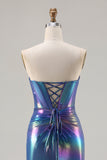 Corsé sin tirantes de sirena azul marino metálico con abertura