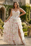 Vestido de graduación de graduación largo de talla grande de talla rosa corsé floral corsé en forma de A, talla grande y abertura