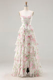 Vestido de graduación de graduación largo de talla grande de talla rosa corsé floral corsé en forma de A, talla grande y abertura