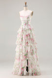 Vestido de graduación de graduación largo de talla grande de talla rosa corsé floral corsé en forma de A, talla grande y abertura