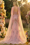 Vestido largo de graduación bordado de sirena Sweetheart Blush con bufanda en el cuello