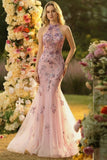 Vestido largo de graduación bordado con tul de tope sirena y lentejuelas