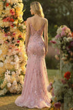 Vestido largo de graduación con tirantes finos de sirena con tirantes brillantes y lentejuelas