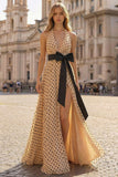 Vestido de graduación largo con abertura largo de albaricoque con puntas negras de alabricoque con abertura larga en A Line, A Line.