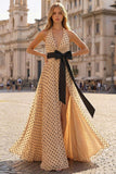 Vestido de graduación largo con abertura largo de albaricoque con puntas negras de alabricoque con abertura larga en A Line, A Line.