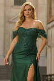 Vestido largo de graduación de graduación sirena verde oscuro de talla grande de talla con lentejuelas descubierto y abertura
