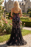 Vestido largo de baile de graduación de sirena con tirantes de flor rosa rosa y negro