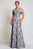 Vestido de madre de la novia, flor gris azulada sobre el hombro con línea en A, largo