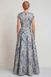 Vestido largo de madre de la novia con cuello redondo y azul gris, azul y manga