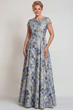 Vestido largo de madre de la novia con cuello redondo y azul gris, azul y manga