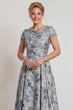 Vestido largo de madre de la novia con cuello redondo y azul gris, azul y manga
