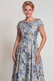 Vestido largo de madre de la novia con cuello redondo y azul gris, azul y manga