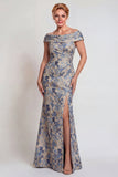 Flor gris azulada deshombro largo vestido de madre de la novia con abertura