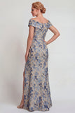 Flor gris azulada deshombro largo vestido de madre de la novia con abertura