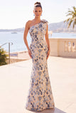 Vestido de la Madre de la Novia de una sola sirena de un hombro con moño de flor gris azulada
