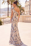 Vestido de la Madre de la Novia de una sola sirena de un hombro con moño de flor gris azulada