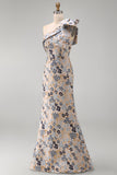Vestido de la Madre de la Novia de una sola sirena de un hombro con moño de flor gris azulada