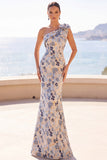 Vestido de la Madre de la Novia de una sola sirena de un hombro con moño de flor gris azulada