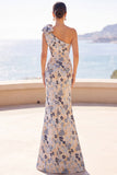 Vestido de la Madre de la Novia de una sola sirena de un hombro con moño de flor gris azulada