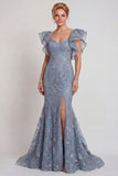 Vestido de sirena de manga ondulada con volantes y mangas apliques gris, azul y abertura