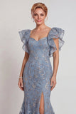 Vestido de sirena de manga ondulada con volantes y mangas apliques gris, azul y abertura