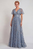 Vestido largo de madre de la novia, con escote en V y brillante gris azul, con escote en V y línea en A