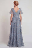 Vestido largo de madre de la novia, con escote en V y brillante gris azul, con escote en V y línea en A