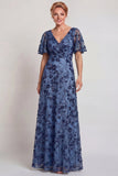 Vestido largo de madre de la novia, flor azul oscuro brillante, cuello en V, línea en A y manga