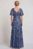 Vestido largo de madre de la novia, flor azul oscuro brillante, cuello en V, línea en A y manga