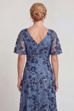 Vestido largo de madre de la novia, flor azul oscuro brillante, cuello en V, línea en A y manga