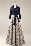 Jacquard azul marino mangas 3/4 de mangas A-line largo Madre de la novia con moño