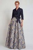 Jacquard azul marino mangas 3/4 de mangas A-line largo Madre de la novia con moño