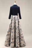 Jacquard azul marino mangas 3/4 de mangas A-line largo Madre de la novia con moño
