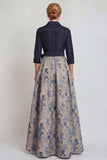 Jacquard azul marino mangas 3/4 de mangas A-line largo Madre de la novia con moño