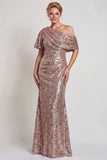 Vestido de madre de la novia de un hombro largo de champán brillante con lentejuelas