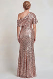 Vestido de madre de la novia de un hombro largo de champán brillante con lentejuelas
