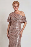 Vestido de madre de la novia de un hombro largo de champán brillante con lentejuelas