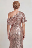 Vestido de madre de la novia de un hombro largo de champán brillante con lentejuelas